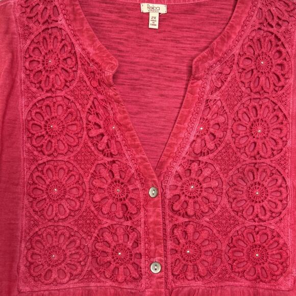 Reba Woman Shirt Womens 2X Red Crochet Eyelet Lace Embroidered Tunic Boho Top - Picture 3 of 10